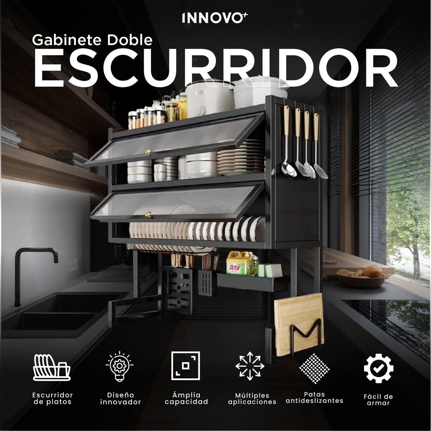 Escurridor de Loza Multifuncional 3 Niveles Premium con Soporte de Utensilios
