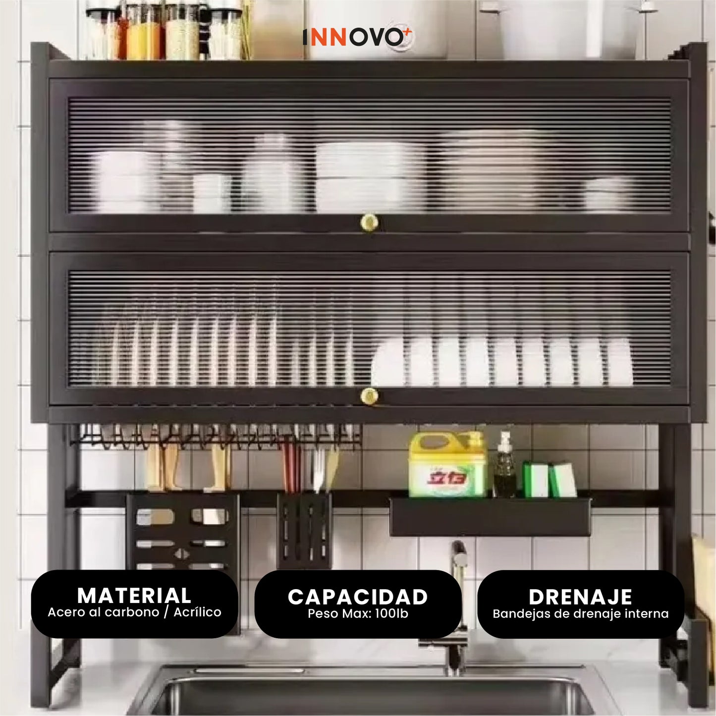 Escurridor de Loza Multifuncional 3 Niveles Premium con Soporte de Utensilios