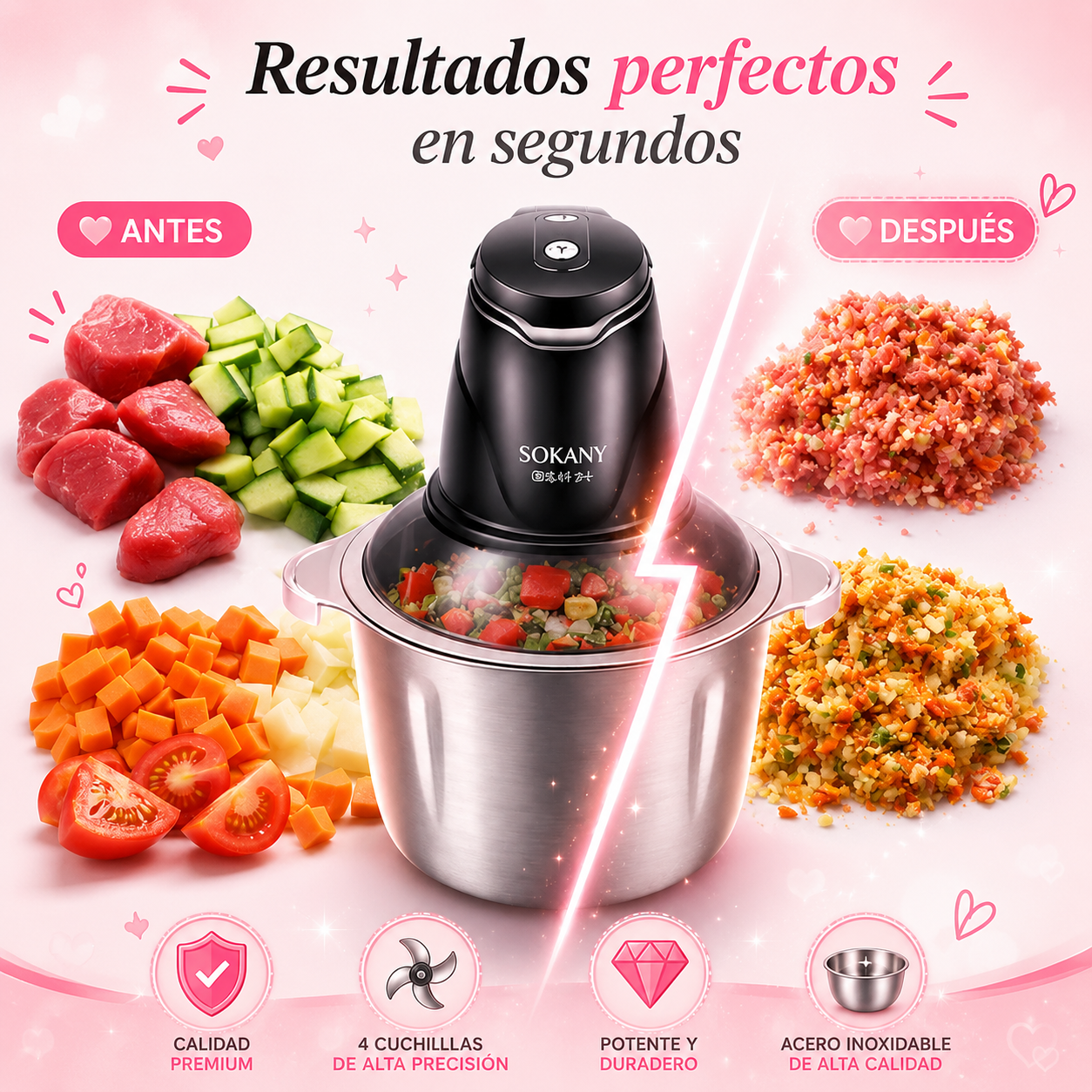 Procesador de Alimentos SOKANY 2-en-1 + 2 Bowls de Acero Inoxidable