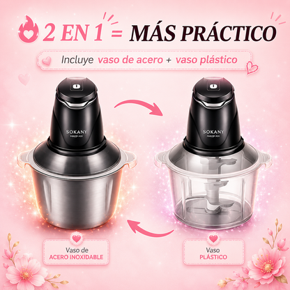 Procesador de Alimentos SOKANY 2-en-1 + 2 Bowls de Acero Inoxidable