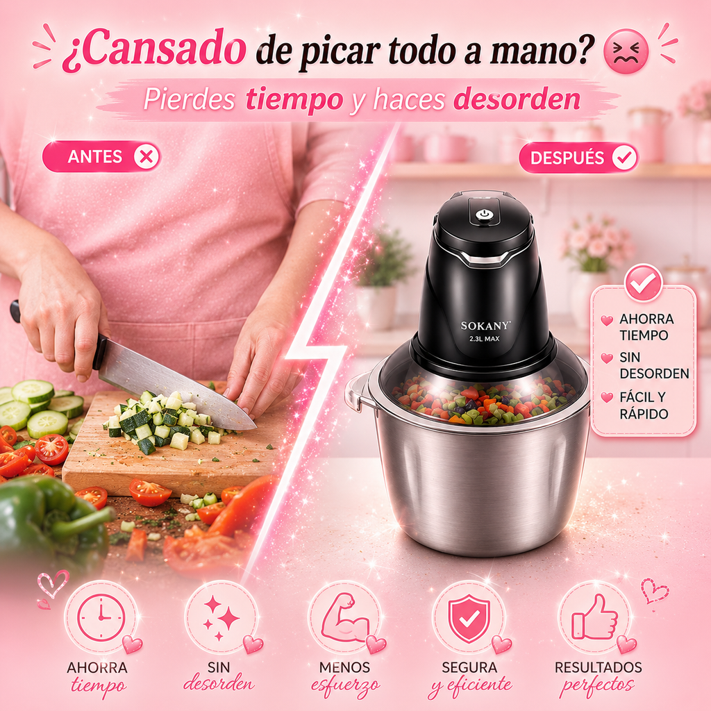 Procesador de Alimentos SOKANY 2-en-1 + 2 Bowls de Acero Inoxidable