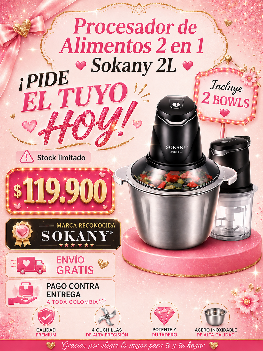 Procesador de Alimentos SOKANY 2-en-1 + 2 Bowls de Acero Inoxidable