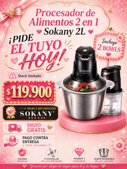 Procesador de Alimentos SOKANY 2-en-1 + 2 Bowls de Acero Inoxidable