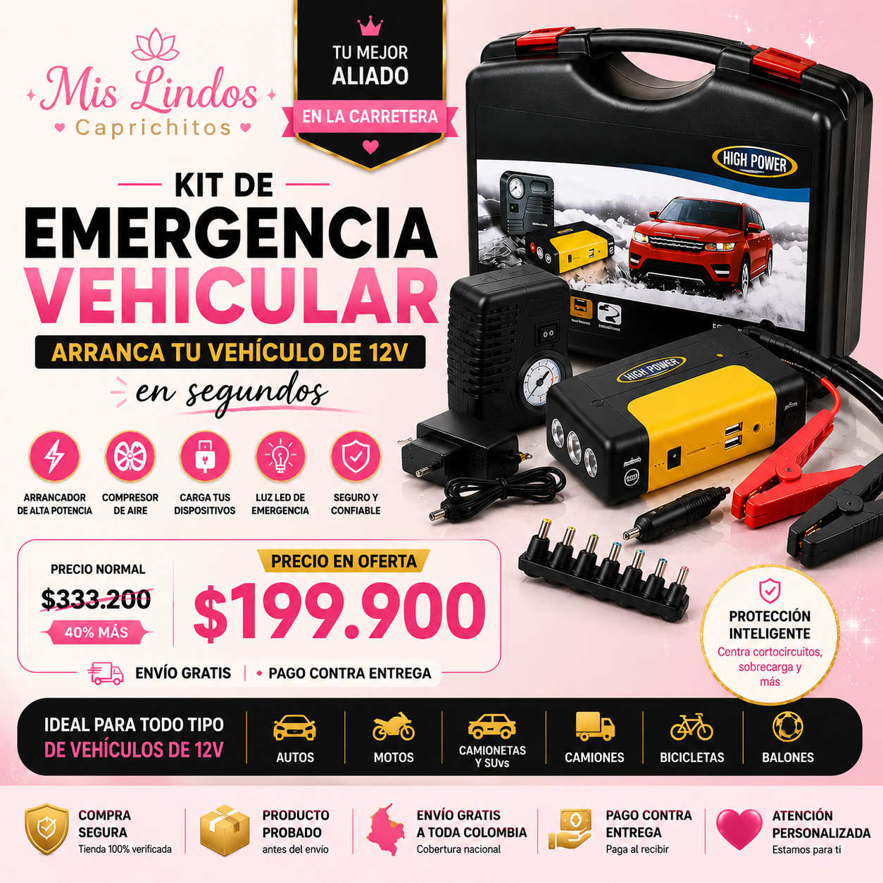 Arrancador de Batería Portátil 4 en 1 con Compresor de Aire